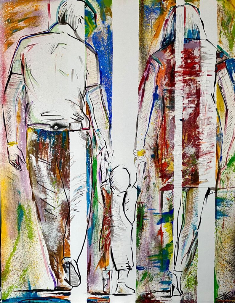 Painting of parents holding hands with their child