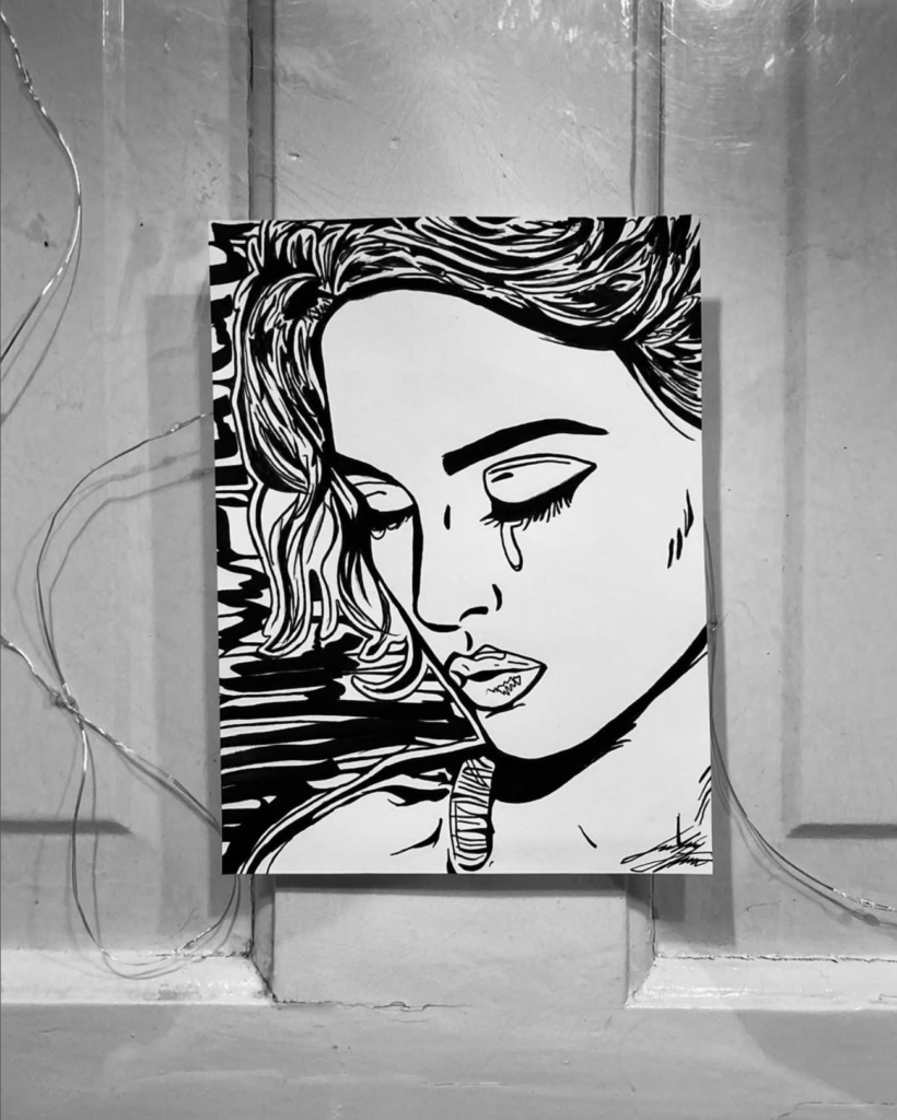 Black and white drawing of a woman