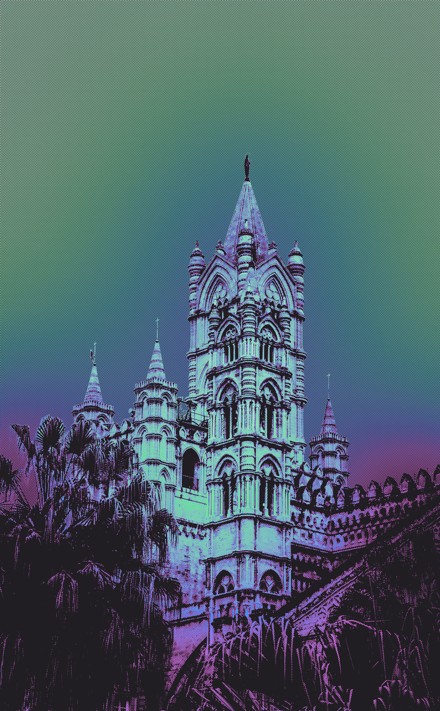 A colorful half-tone style poster of a building.