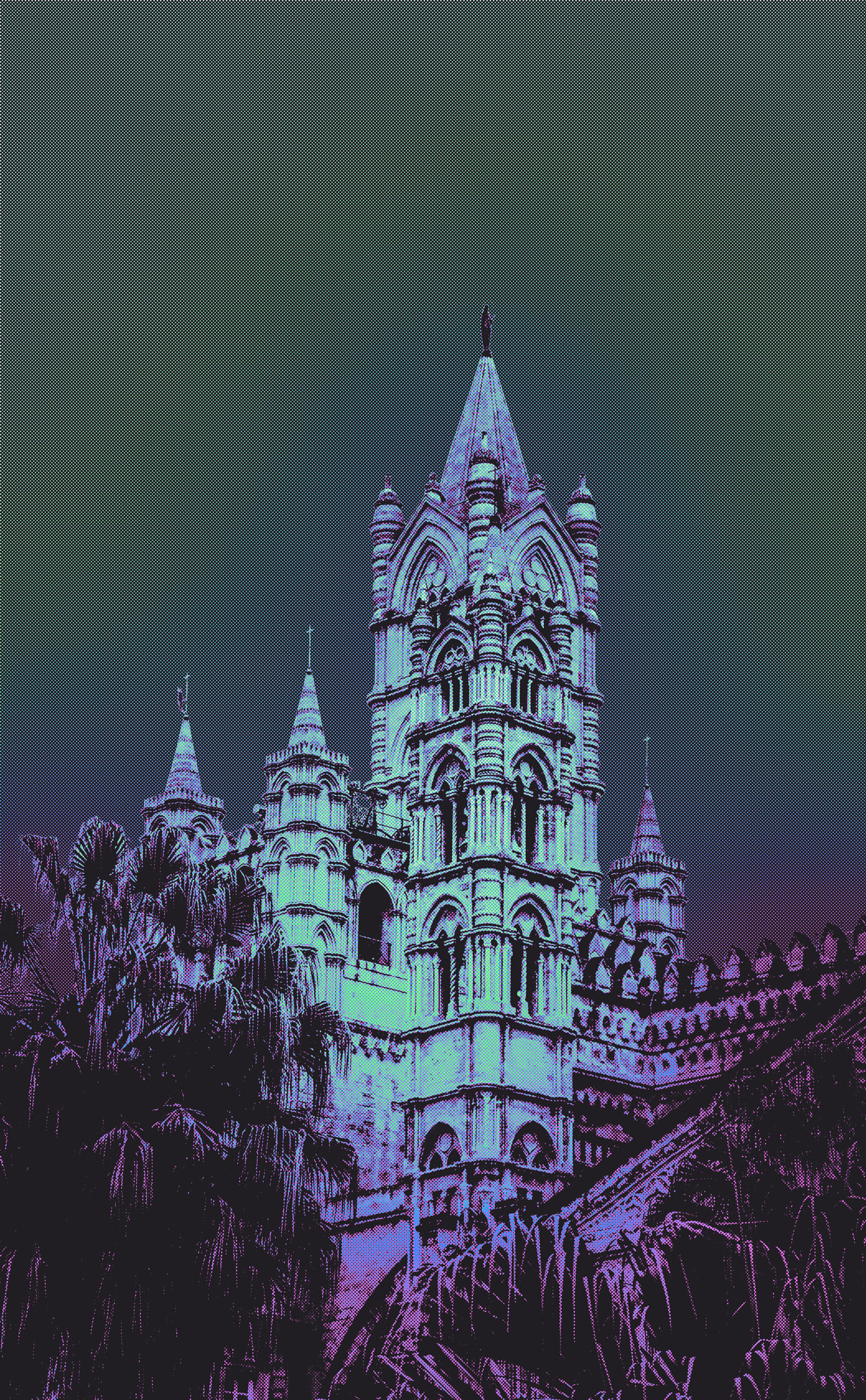 A colorful half-tone style poster of a building.