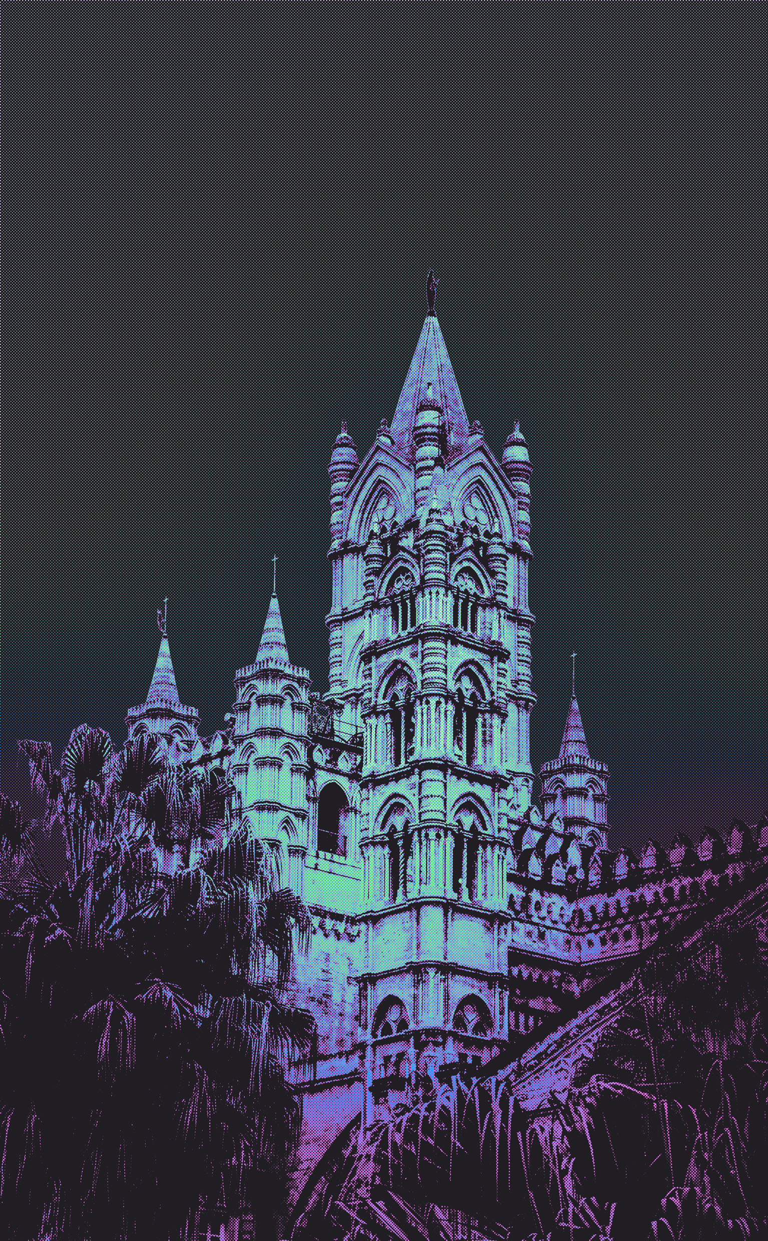 A colorful half-tone style poster of a building.