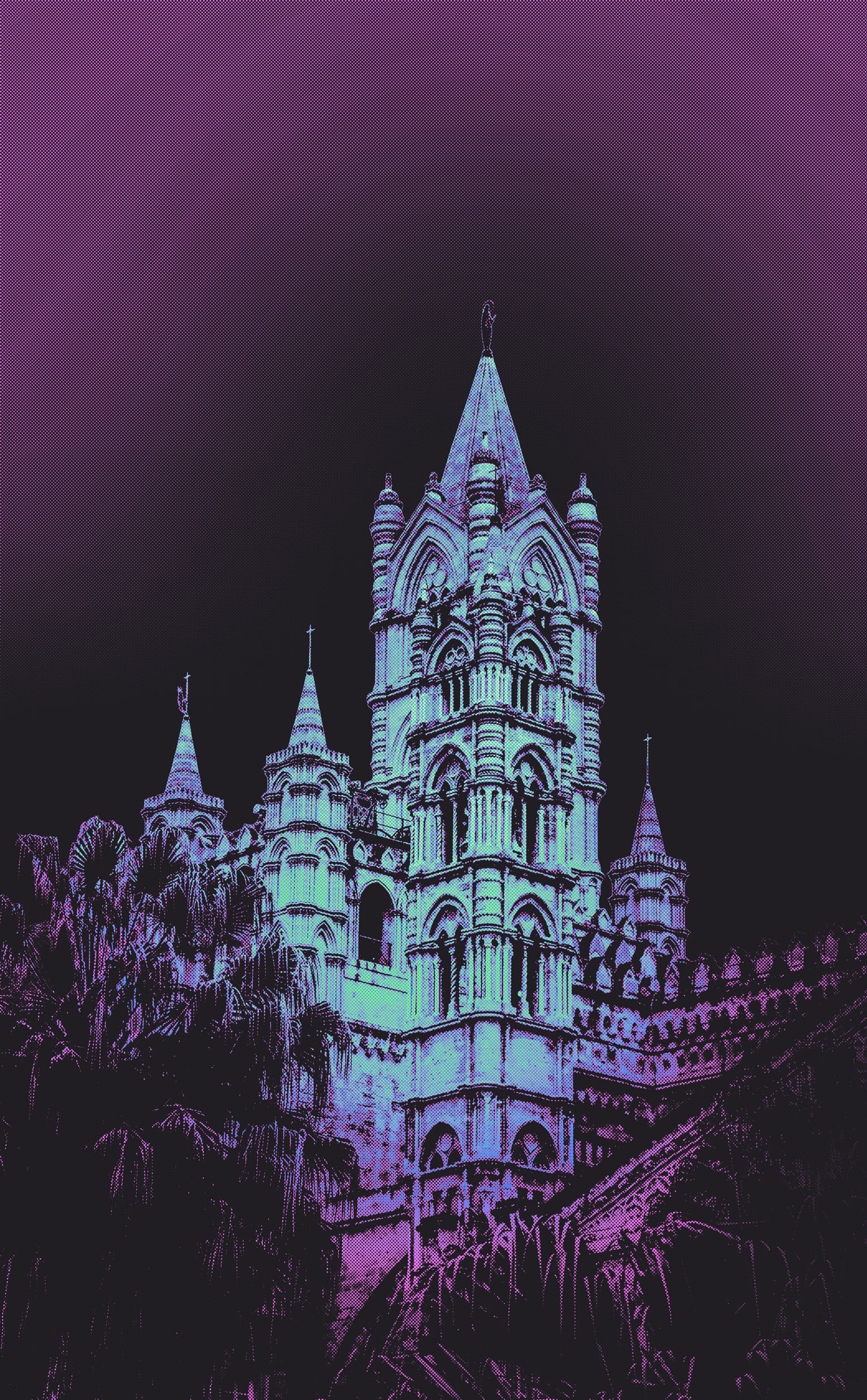A colorful half-tone style poster of a building.